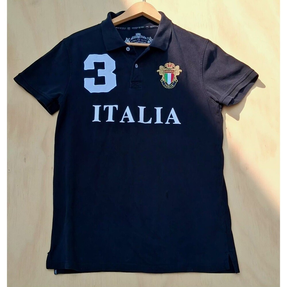 Robin Ruth Italia Black Polo Shirt Mens M Italian Crest 100% Cotton Embroidered